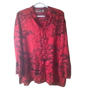 Chico's Design 100% Silk Red Asian Print Mandarin Jacket Women's Size XL